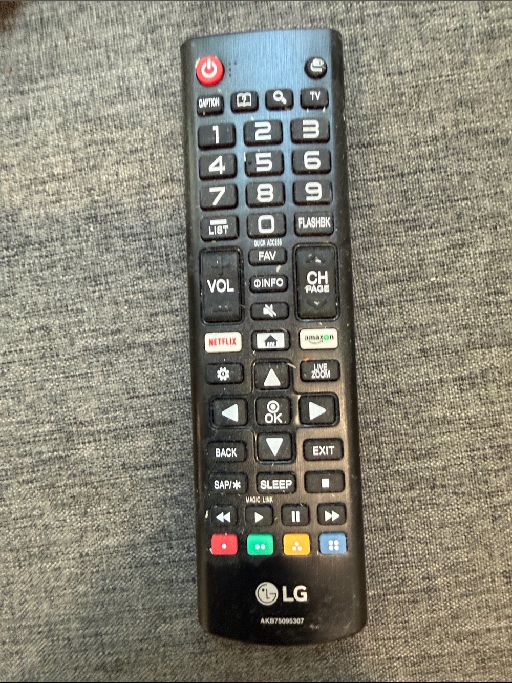 LG Black Remote with Red Power and Multicolor Shortcut Keys